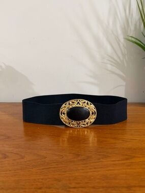 Vintage 80s Black Elastic Waist Belt with Gold Metal Buckle Women's Size M